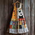 Vintage Abstract Creative Black Cat Peeking With Floral Patchwork Art Linen Tank Dress