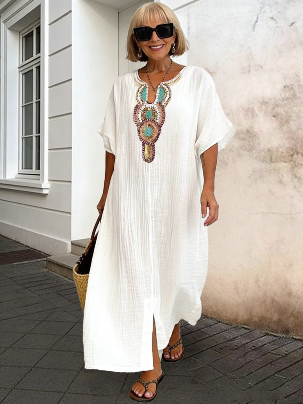 Cotton and Linen Embroidered Split Dress