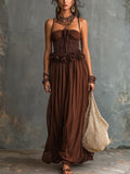 Bohemian Chocolate Brown Ruffle Smocked Waist Maxi Dress