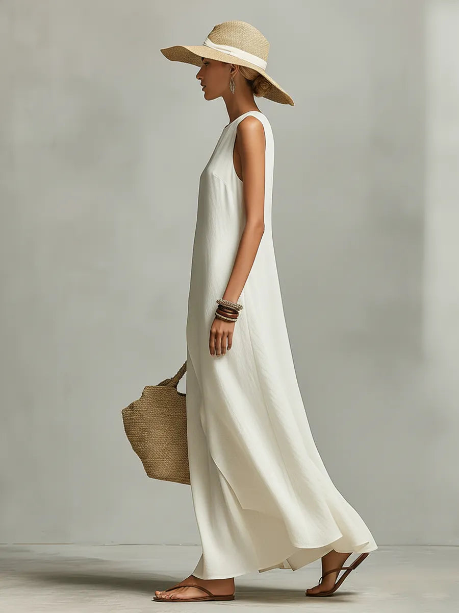 Women's Ivory Breathable Linen Dress With Sleeveless Detail & Asymmetric Hem, Contemporary Casual-Feminine Style Dress