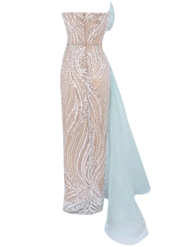 Strapless Draped Crystal Maxi Dress Green