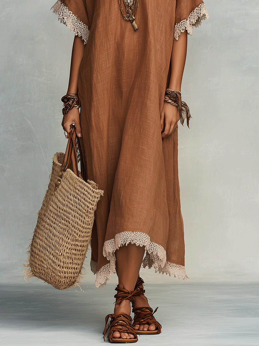 Effortless Coastal Elegance Earth-Tone Linen Blend Kaftan Maxi Dress