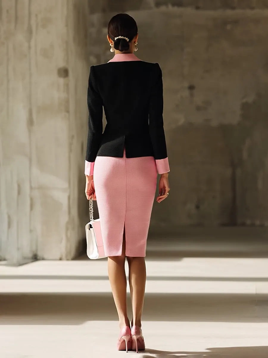 [24-hour shipping out]Black Contrast Pink Knitted Jacket And Skirt Set