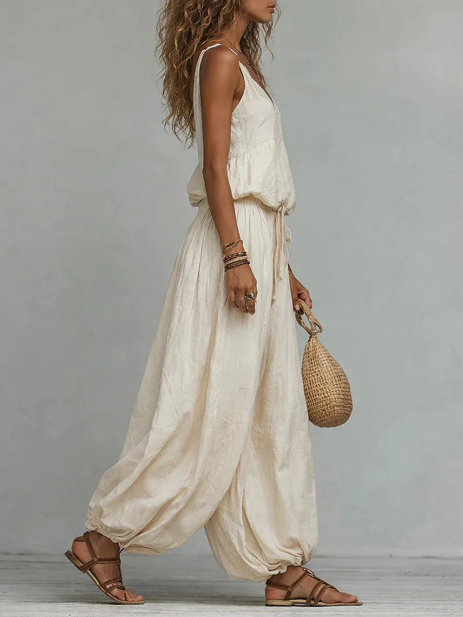 Women's Cotton-linen Embroidered Vest Lantern Wide-leg Pants