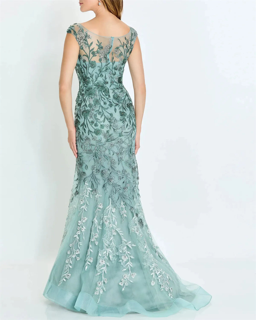 Women's V Neck Embroidered Mesh Evening Dress