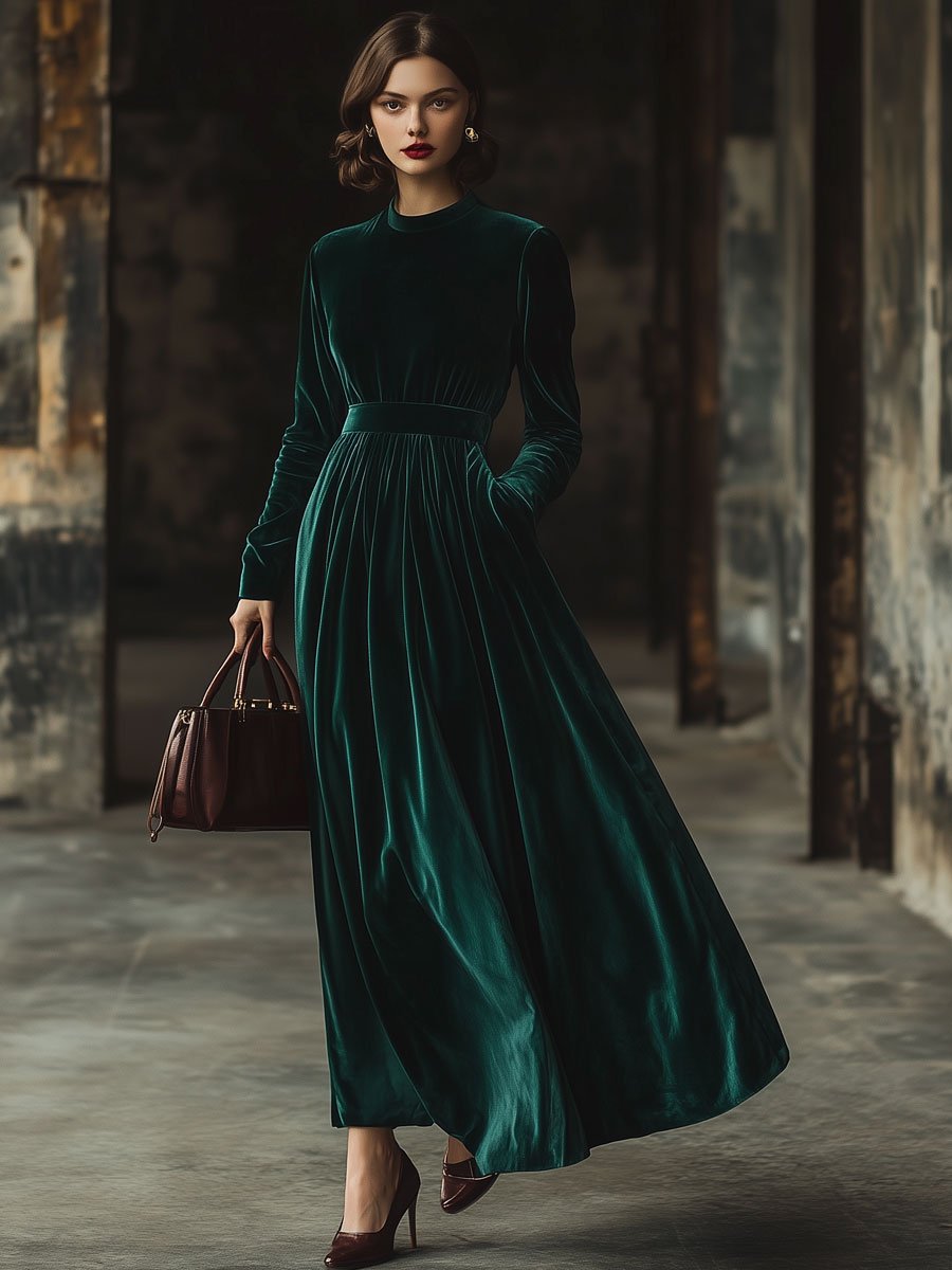 [24-hour shipping out]Stand Collar Loose Party Pocket Solid Velvet Long Sleeve Maxi Dress