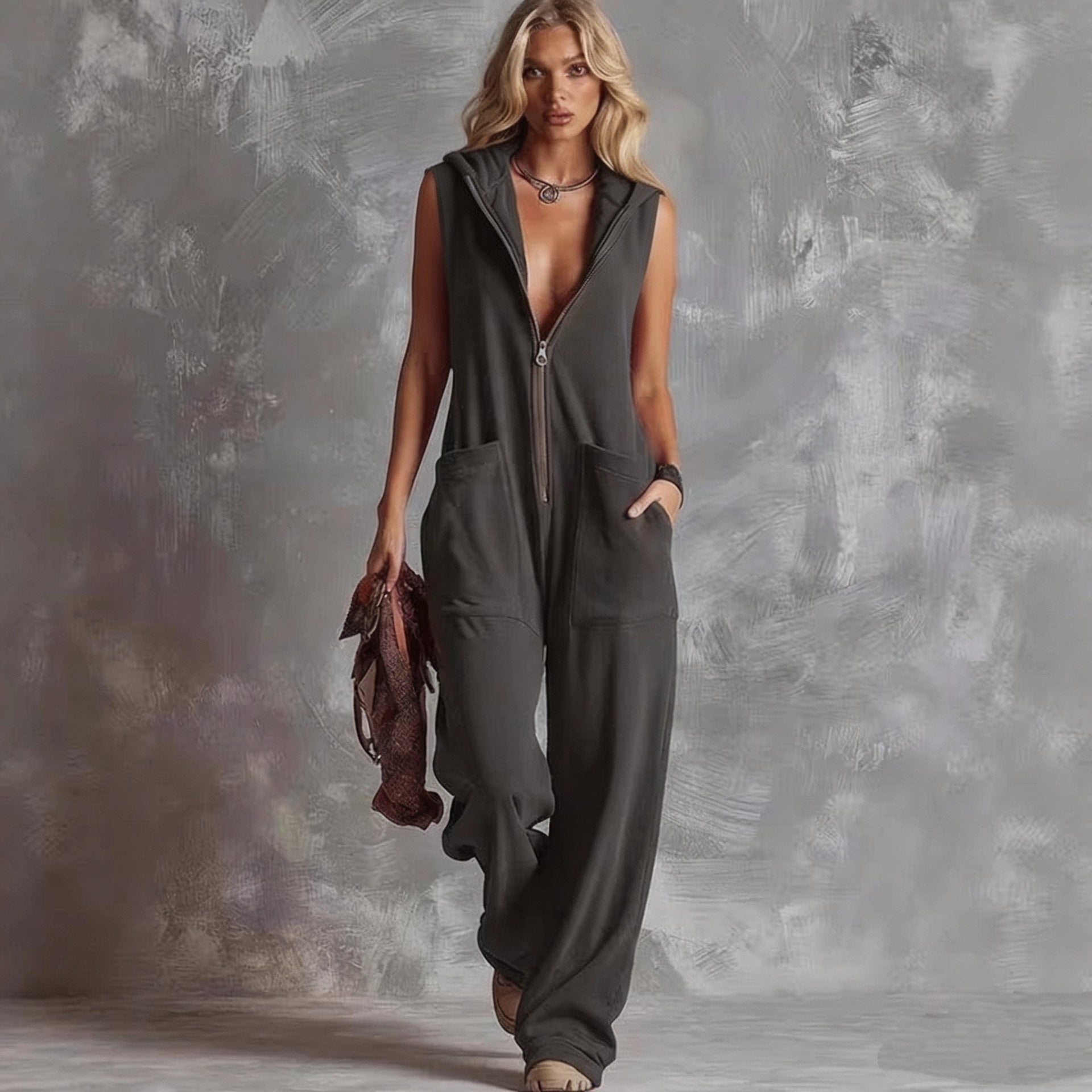 Effortless Hooded Sleeveless Jumpsuit - Chic Full-Zip Wide Leg One-Piece Romper