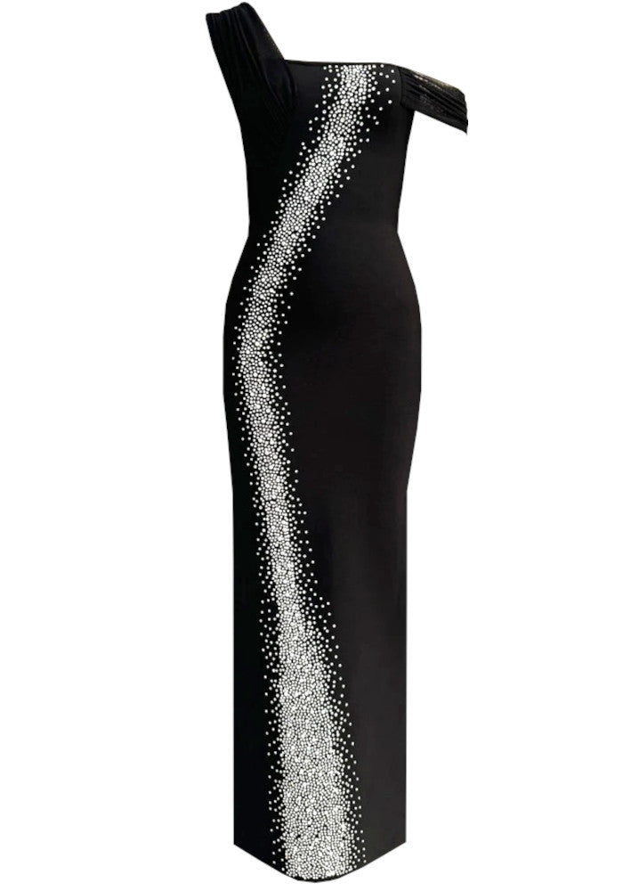 One Shoulder Bardot Crystal Maxi Dress Black