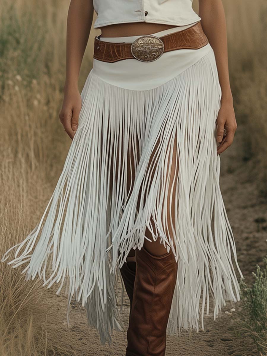 [24-hour shipping out]Retro Premium Western Style Brown Belt White Suede Tassel Skirt