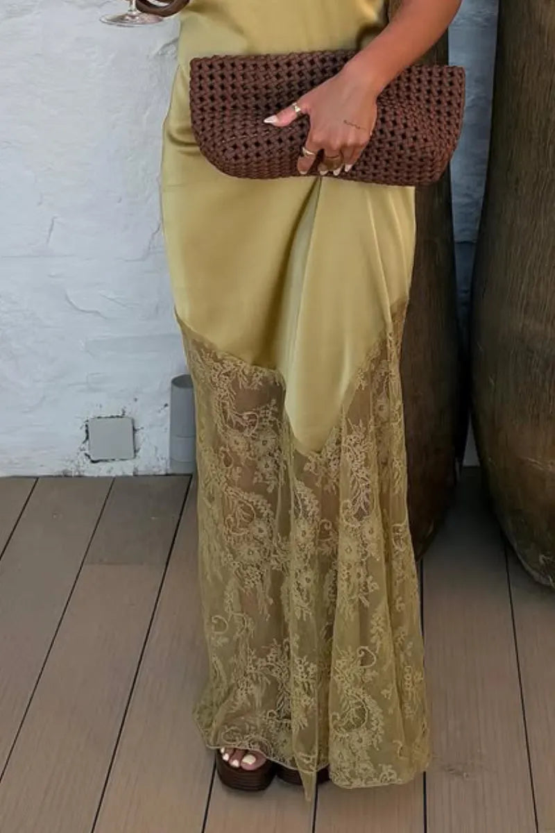 Olive Green Satin Lace Slip Dress