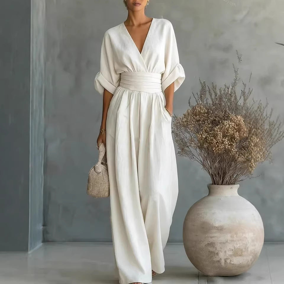 Elegant V-Neck Pleated Wide-Leg Jumpsuit | Flowy High-Waist Romper with Pockets