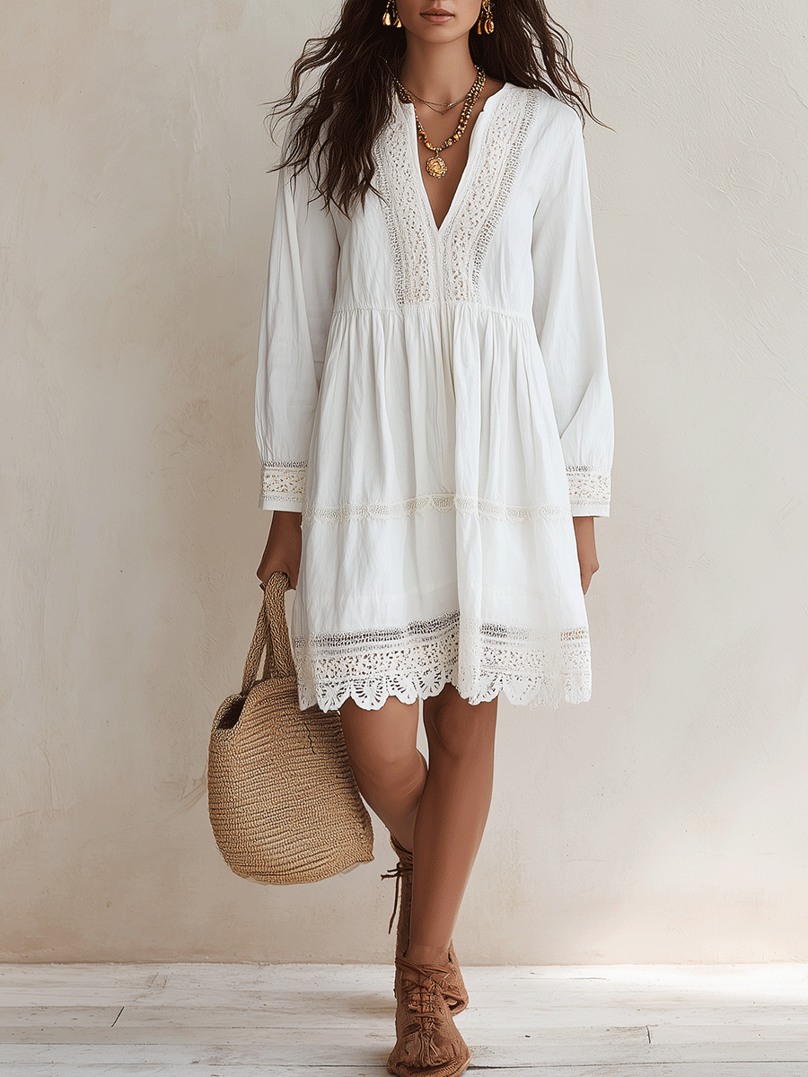 Effortless White Crochet Detailed V-Neck Mini Dress