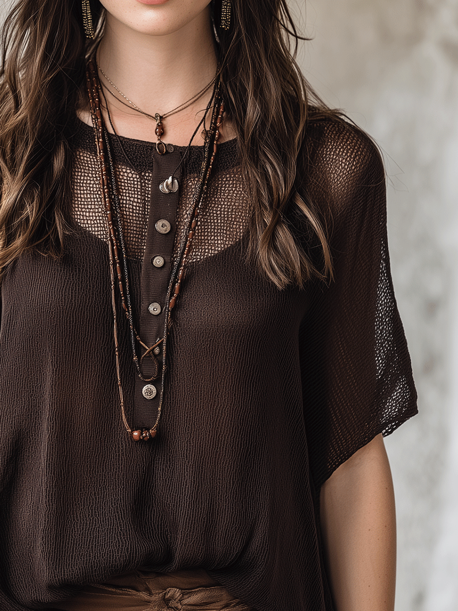 Effortless Coastal Elegance Mesh  Button-Front Boho Henley Top