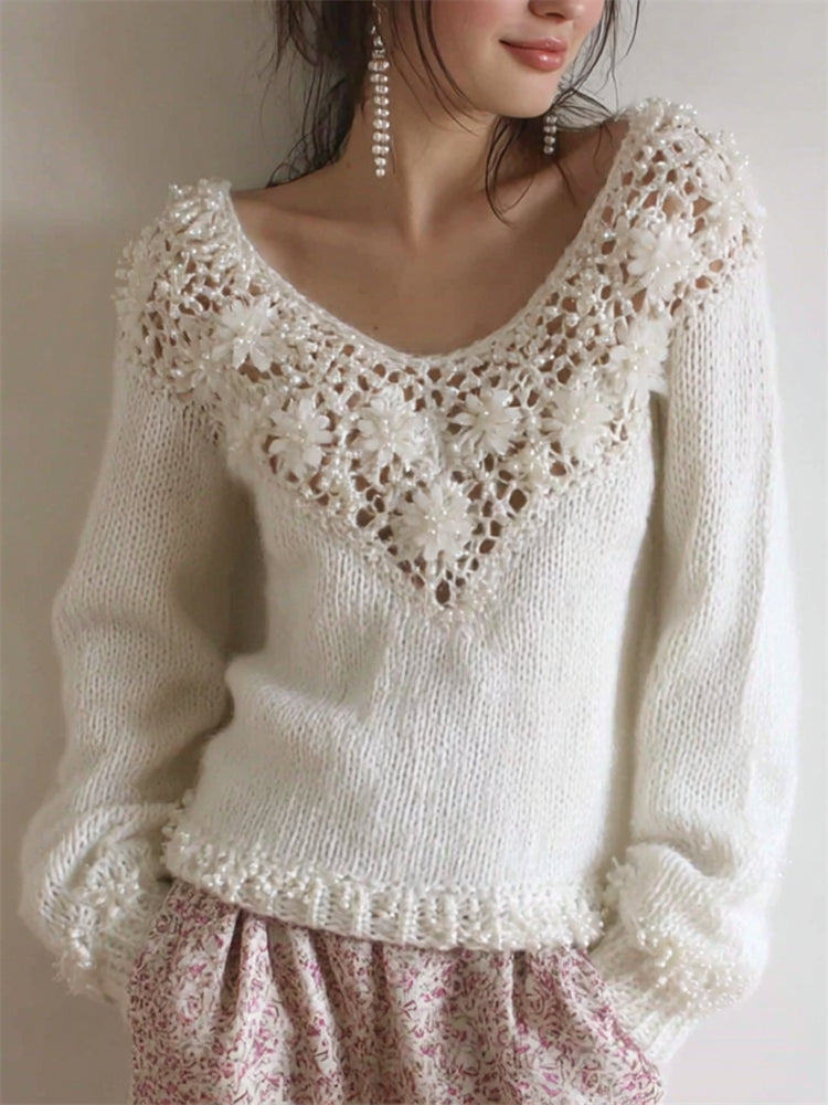 Vintage Pearls Beaded Floral Lace Cozy Knit Sweater