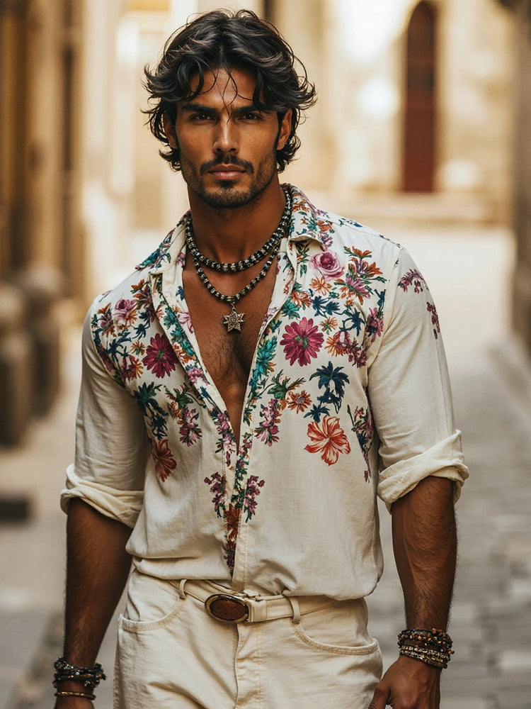 Men's Bohemian Floral Casual Linen Shirt