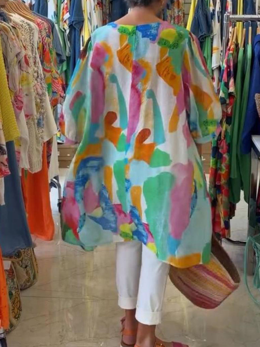 Artistic Watercolor Print V-neck Cotton-linen Shirt