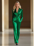 [24-hour shipping out]Retro Fashion Loose V-neck Green Satin Wide-leg Jumpsuit