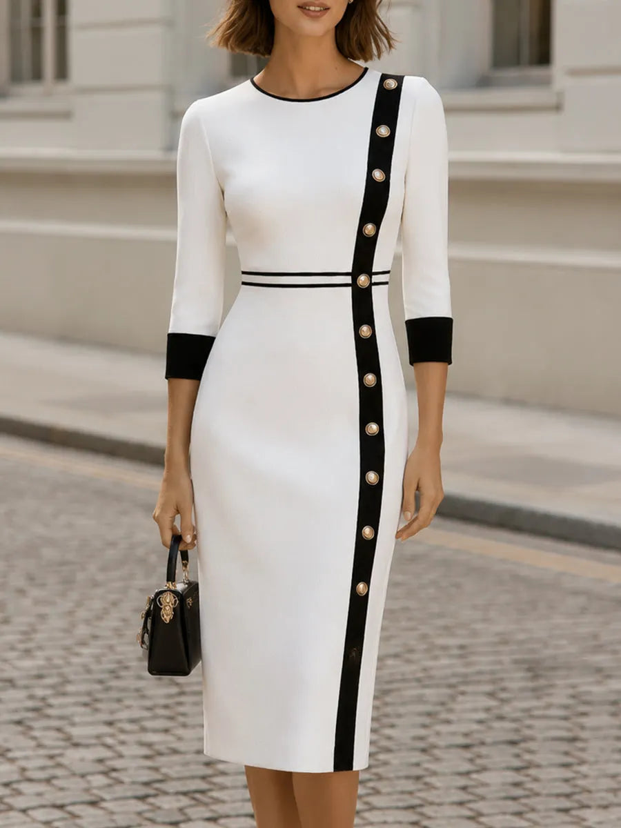 Round Neck 3/4 Cuff Trim Vertical Gold Button Color Block Midi  Dress
