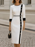 Round Neck 3/4 Cuff Trim Vertical Gold Button Color Block Midi  Dress