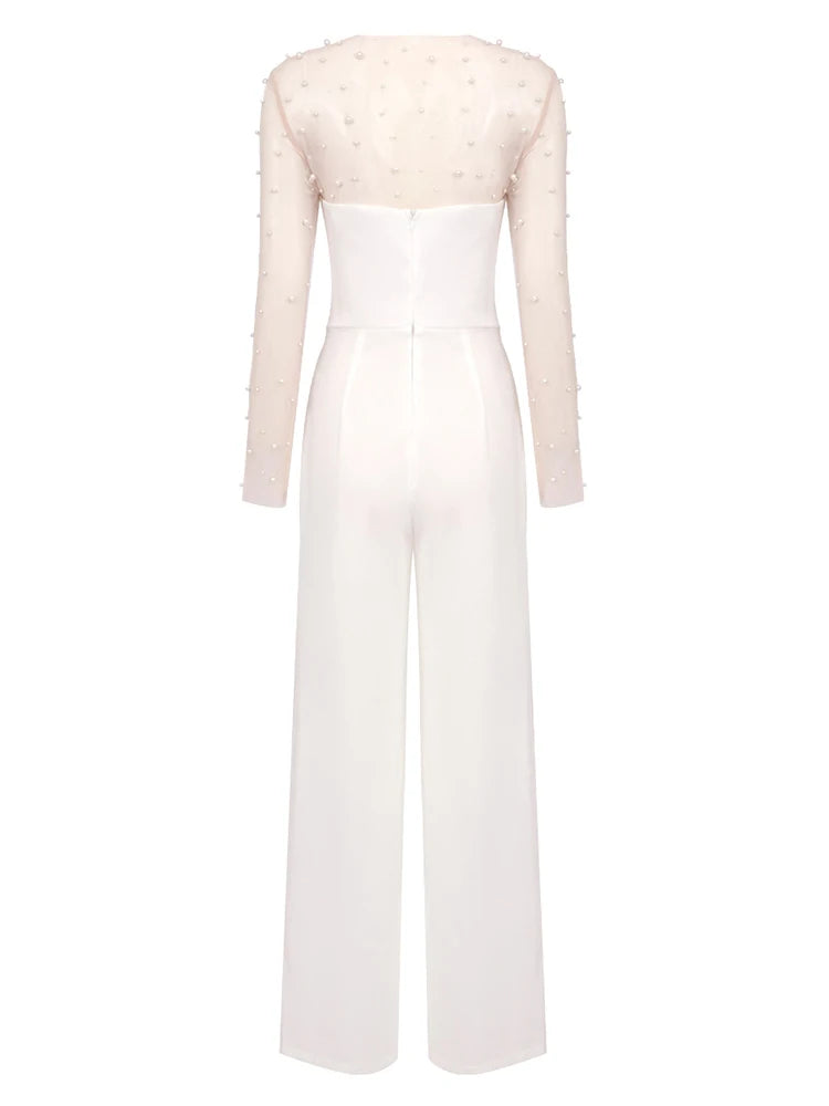Trend4us Pearl Mesh Bodysuit and White Jumpsuit Set