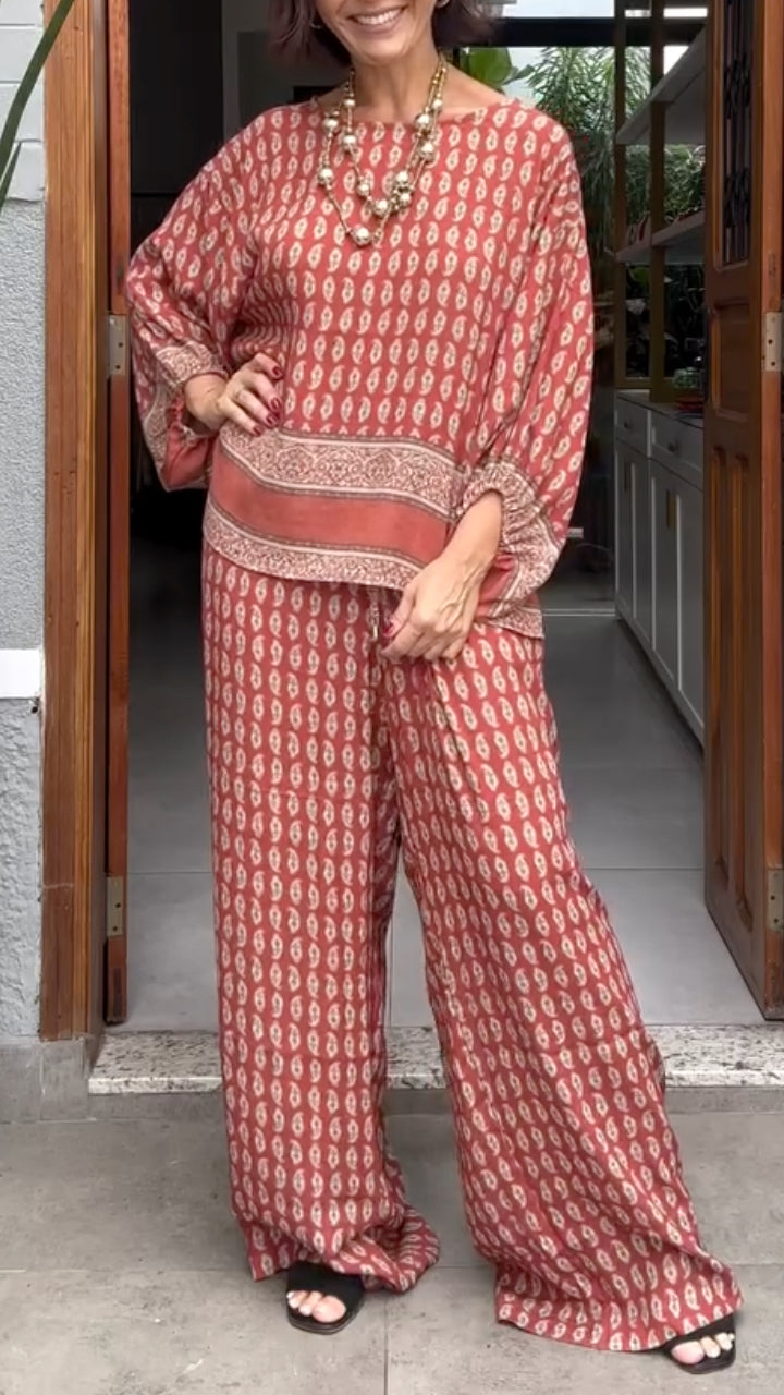 Print Batwing Sleeve Top & Wide Leg Pants Co‑Ord Set