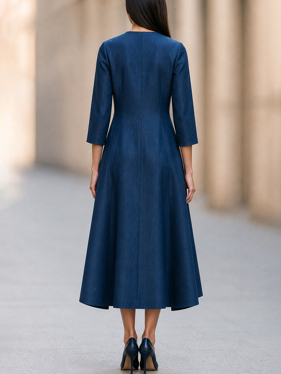 Two-Piece Set: Waterfall-Style Layered Cardigan-Effect Dress With Slim-Fit V-Neck Midi Dress