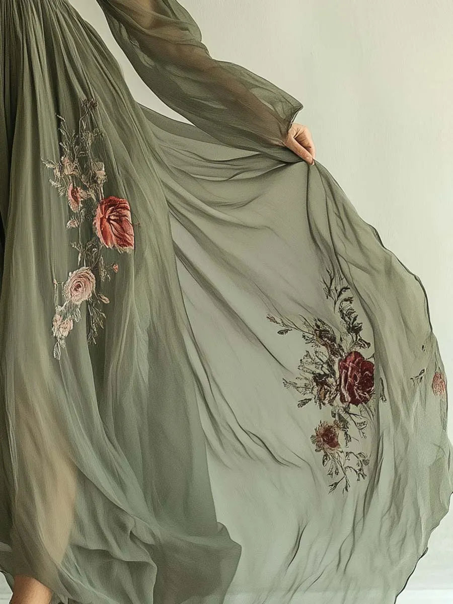 Vintage 3D Floral Print Maxi Dress - Elegant V-Neck Long Sleeve Boho Garden Party Gown