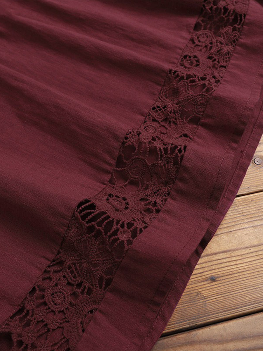 Lace-paneled Cotton-linen Top With Tie Detail — Loose-fit, Three-quarter Sleeve, Cotton-feel Fabric
