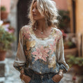 Women's Bohemian Lily Print Dyeing Linen And Hemp Gradient Crew Neck Long Sleeve Top