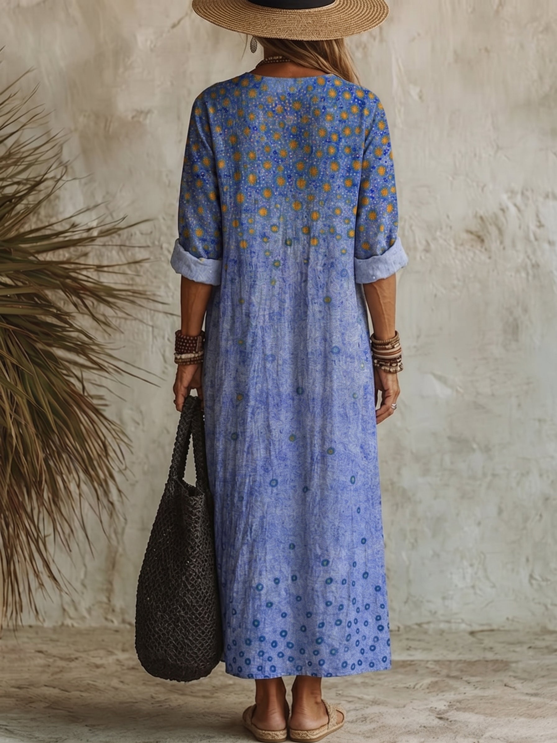 Women's Vintage Print Casual Cotton-linen Maxi Dress