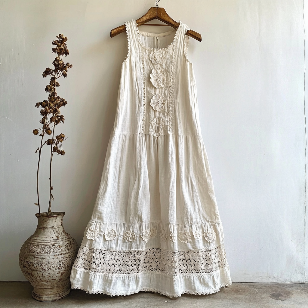 Elegant Floral Lace Cutout Design Linen Sleeveless Dress