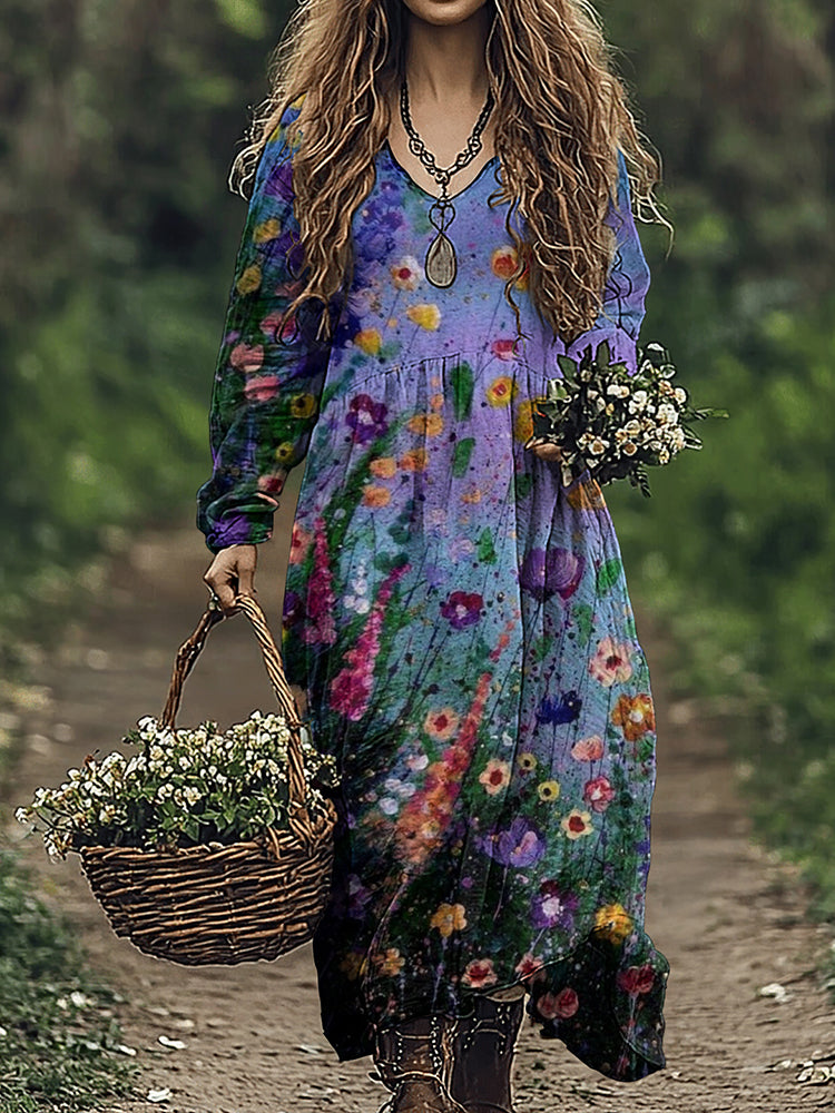 Women's Vintage Flowers Art Linen Blend Maxi Dress