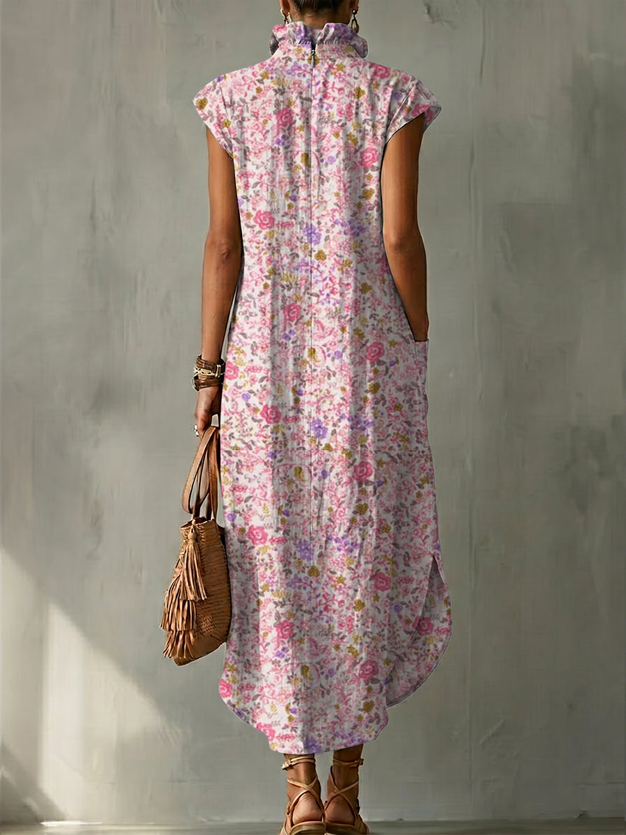 Elegant Floral Decorative Pattern Women's No Sleeve Bud Collar Linen Cotton Dress