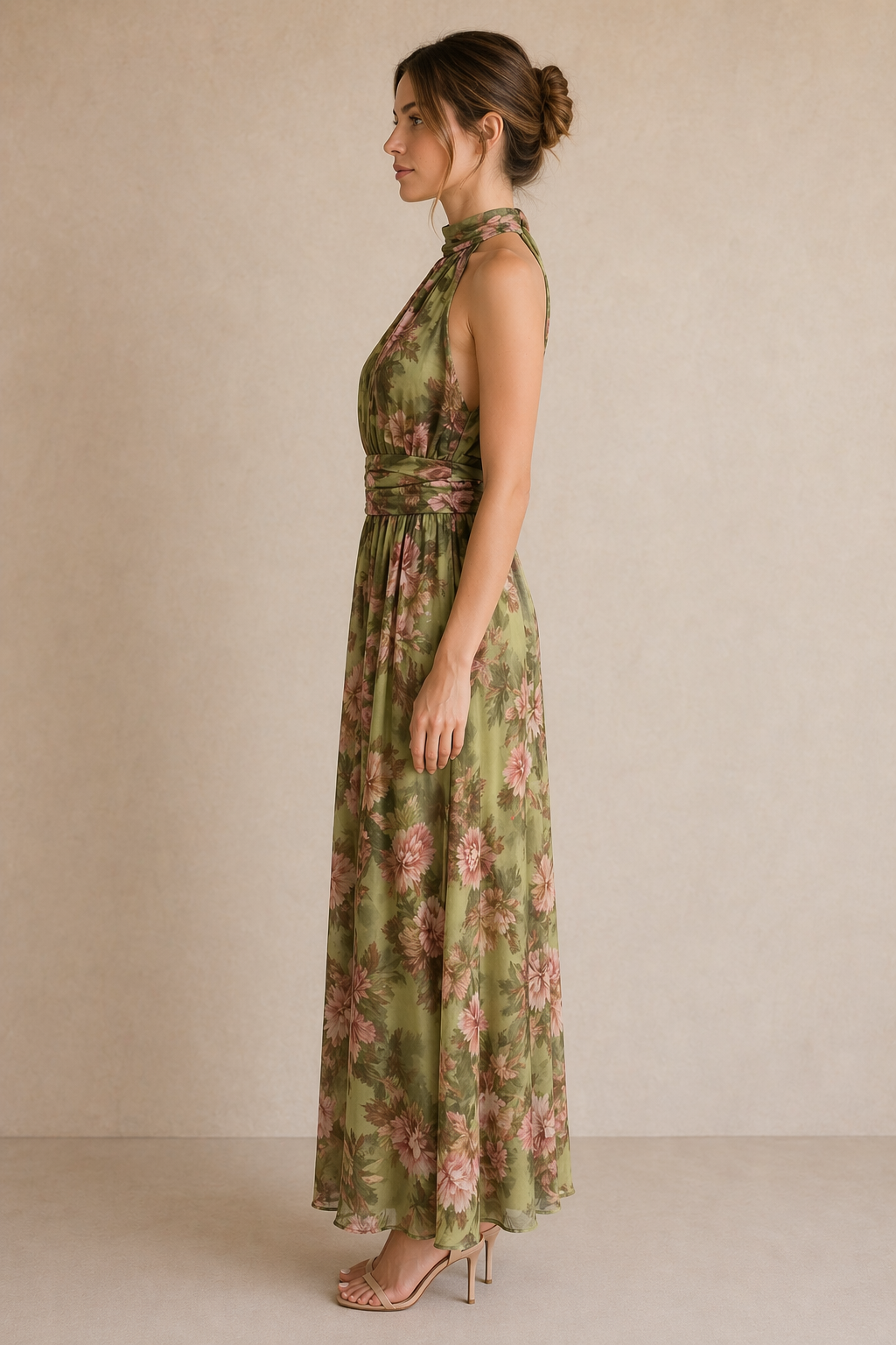 Olive Floral Halter Neck Maxi Dress