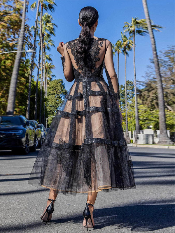 V-Neck Long-Sleeved Mesh Midi Dress