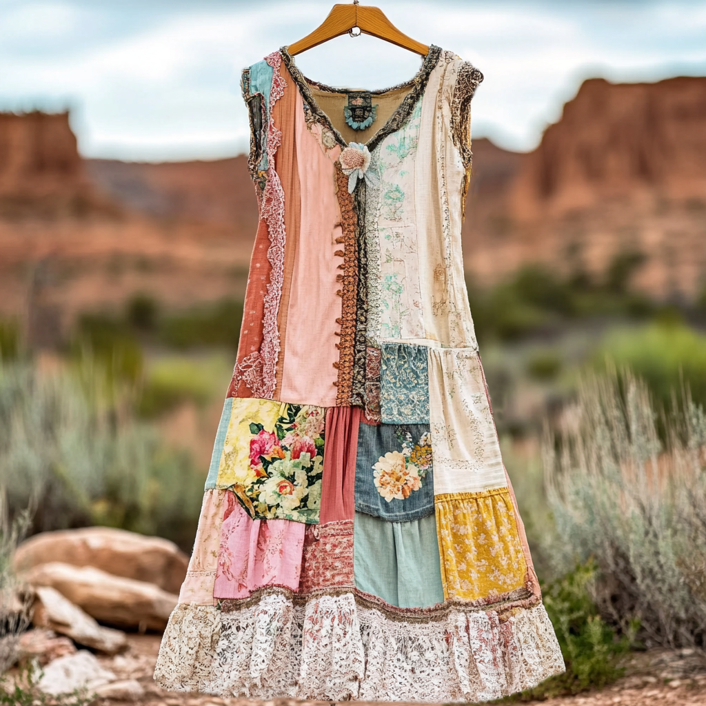 Women's Vintage Floral Lace Patch Comfort Dress
