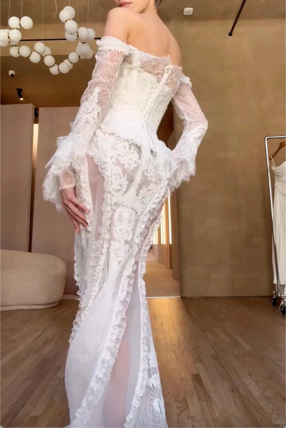 Off The Shoulder Long Flare Sleeve Lace Mermaid Wedding Dress Two Piece Corset Bridal Gown With High Slit