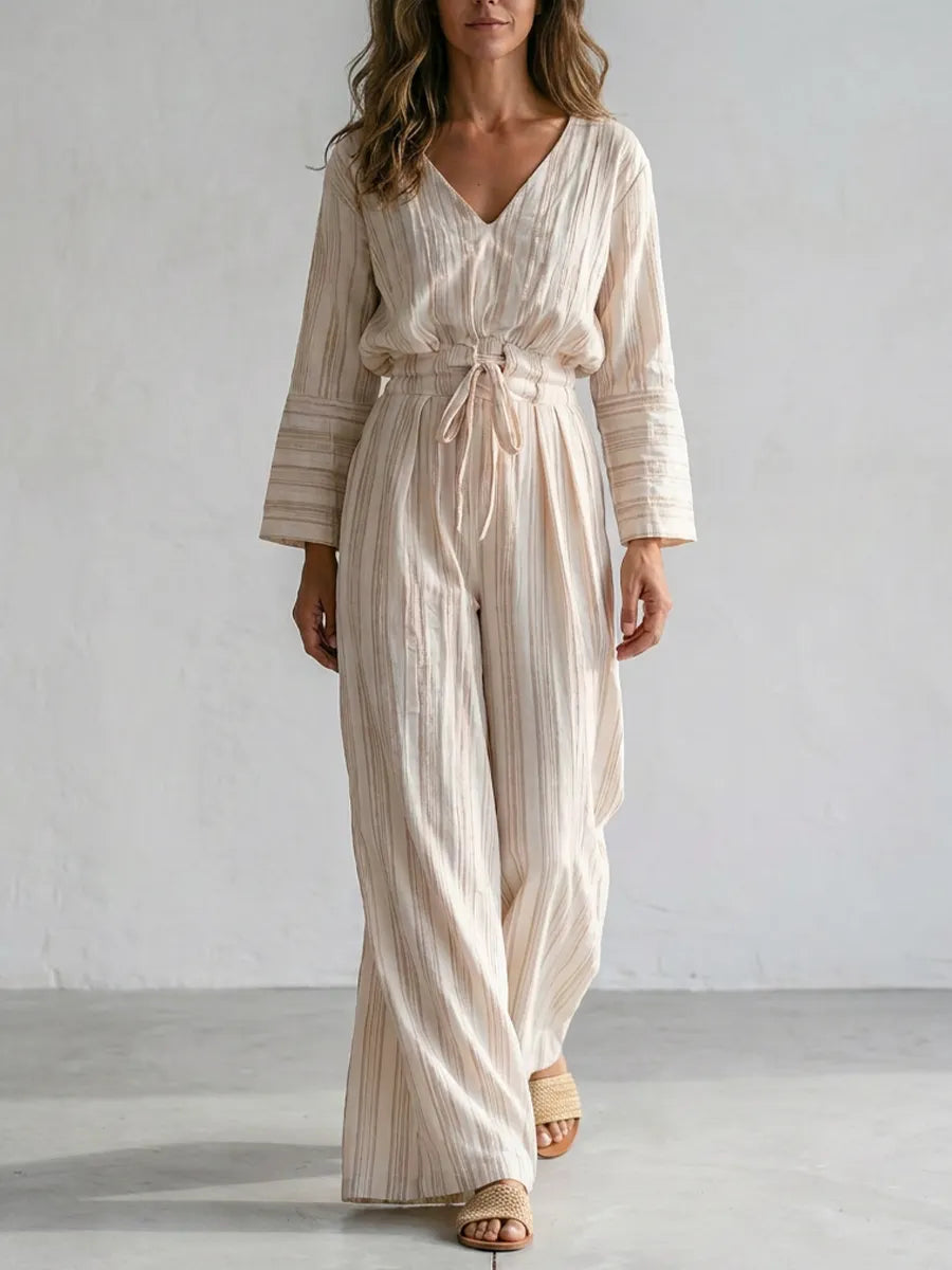 Boho Cotton Drawstring Waist Wide Leg Palazzo Jumpsuit