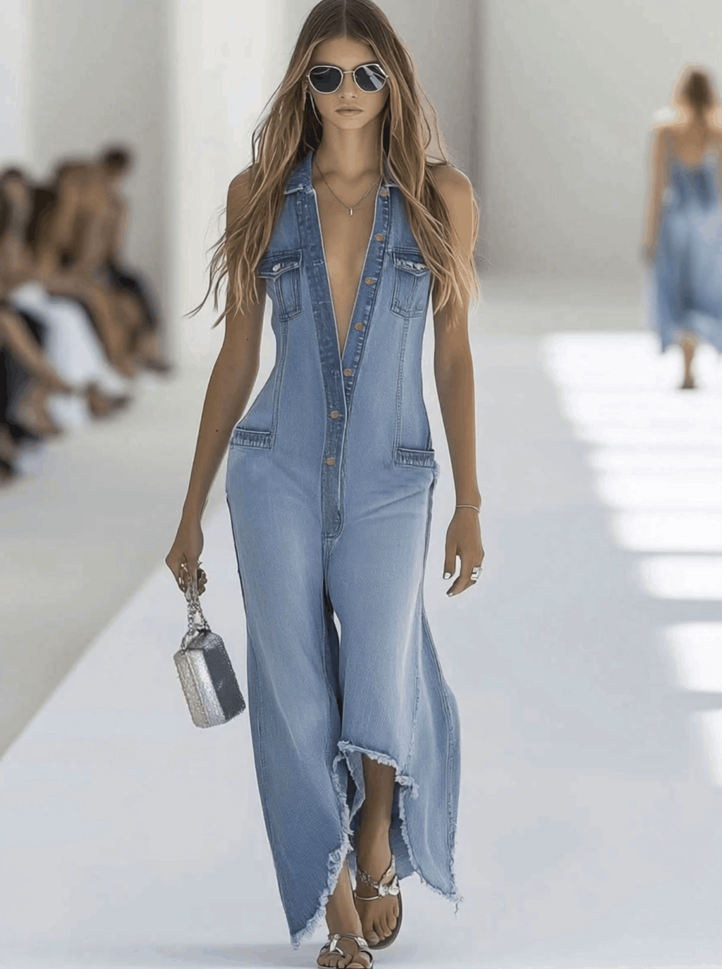 [24-hour shipping out]Western Retro Light Blue Denim Sleeveless Raw Edge Wide Leg Zipper Jumpsuit