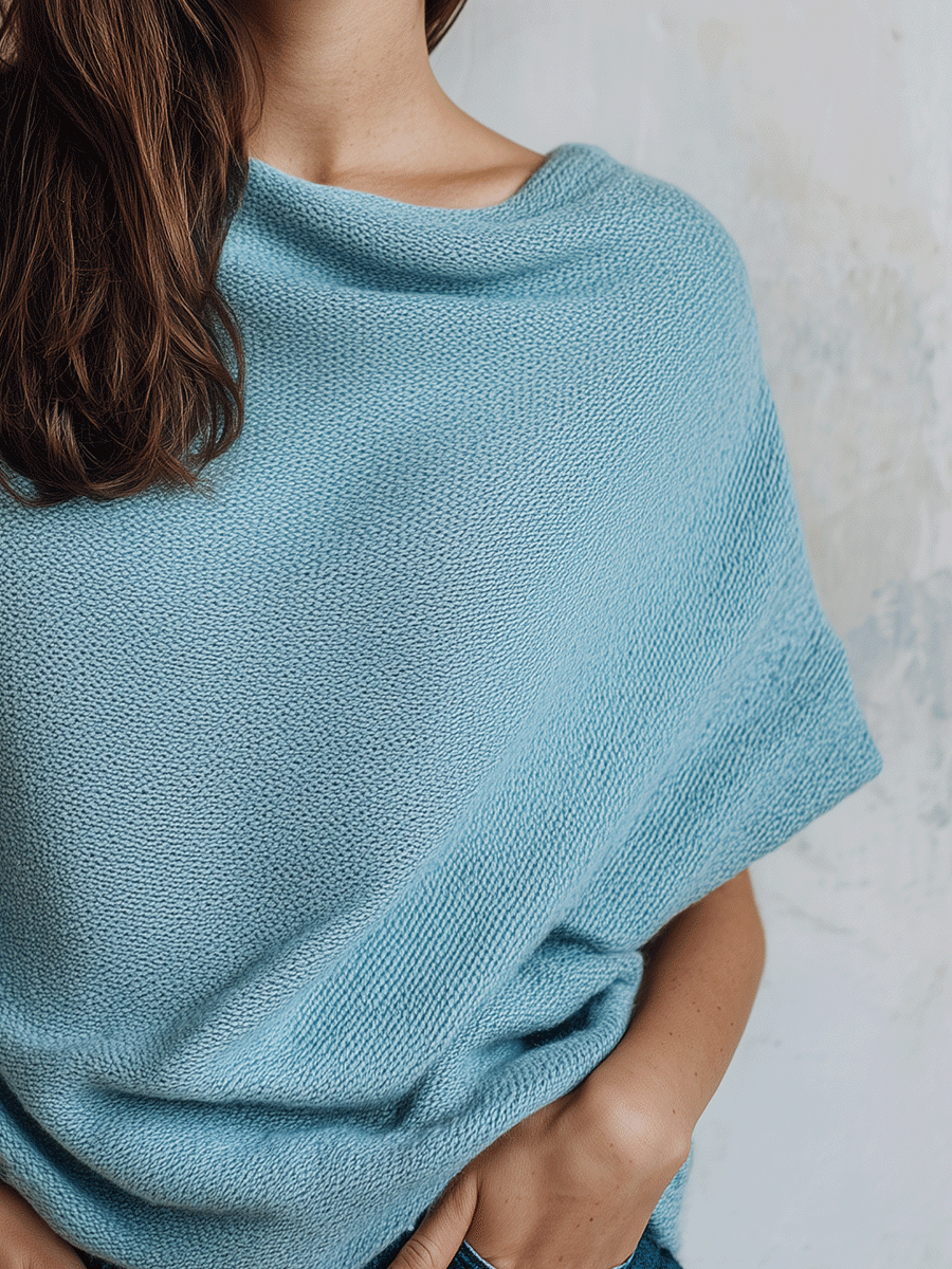Minimalist Cozy Soft-Knit Draped Asymmetric Sky Blue Knit Top