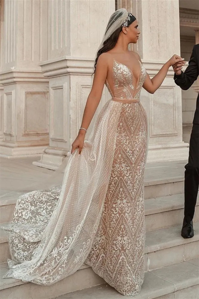 Daisda Spaghetti-Strap Applique Ruffles Mermaid Wedding Dress