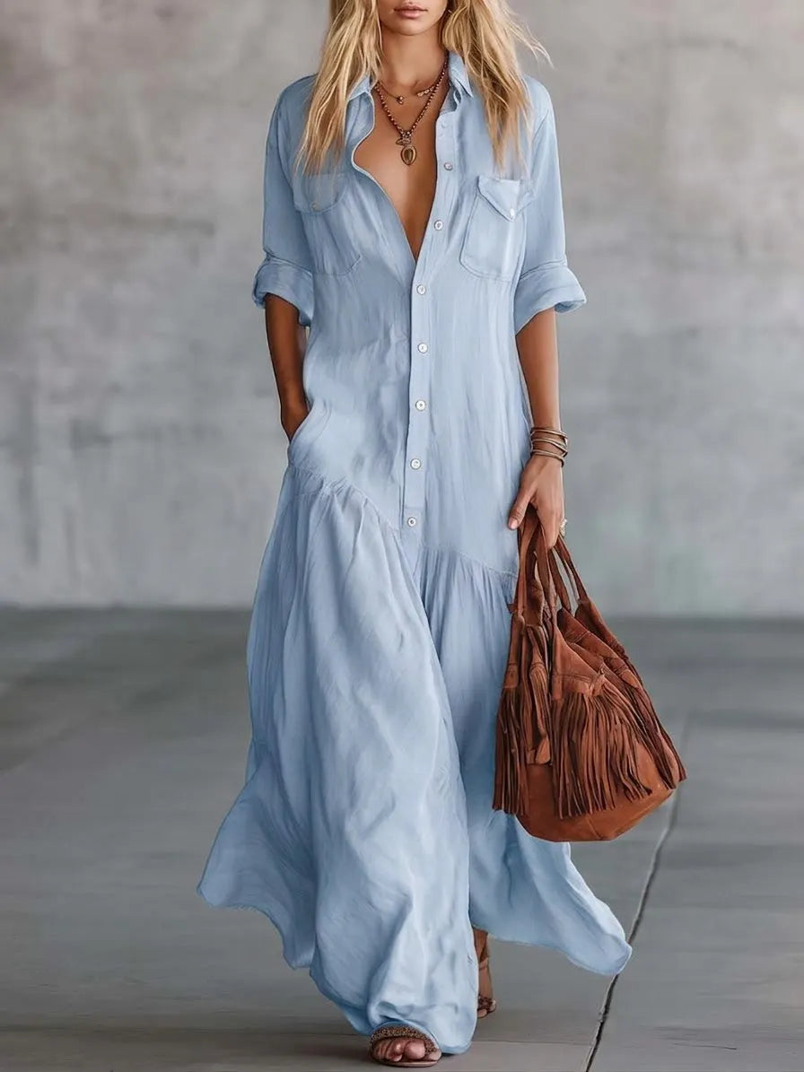 Casual Linen And Cotton Maxi Shirt Dress