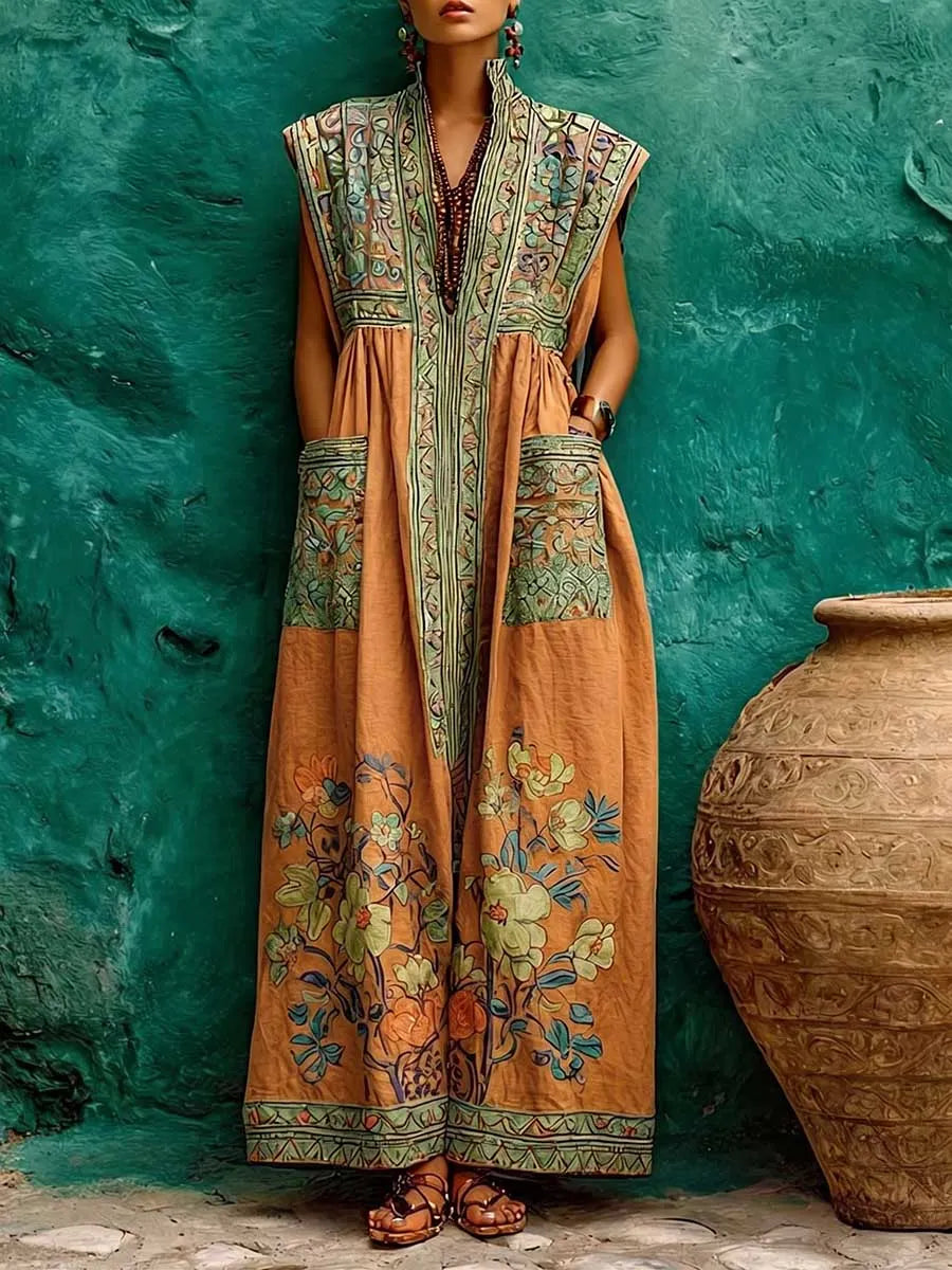 Women's Casual Loose Cotton-linen Dress With Placement Print Stand Collar And Sleeveless Design