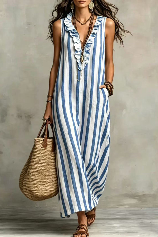 Women's Retro Striped Ruffle Sleeveless Dress