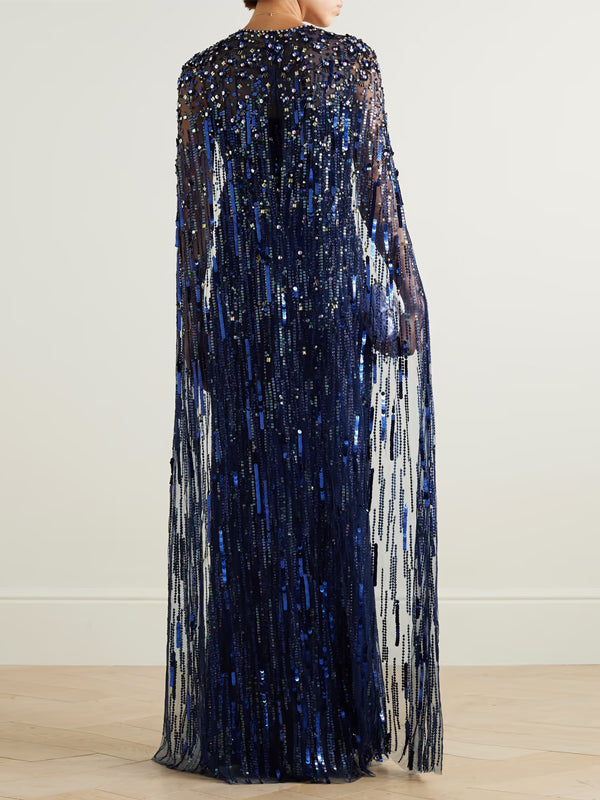 Round Neck Sequined Solid Color Maxi Dress