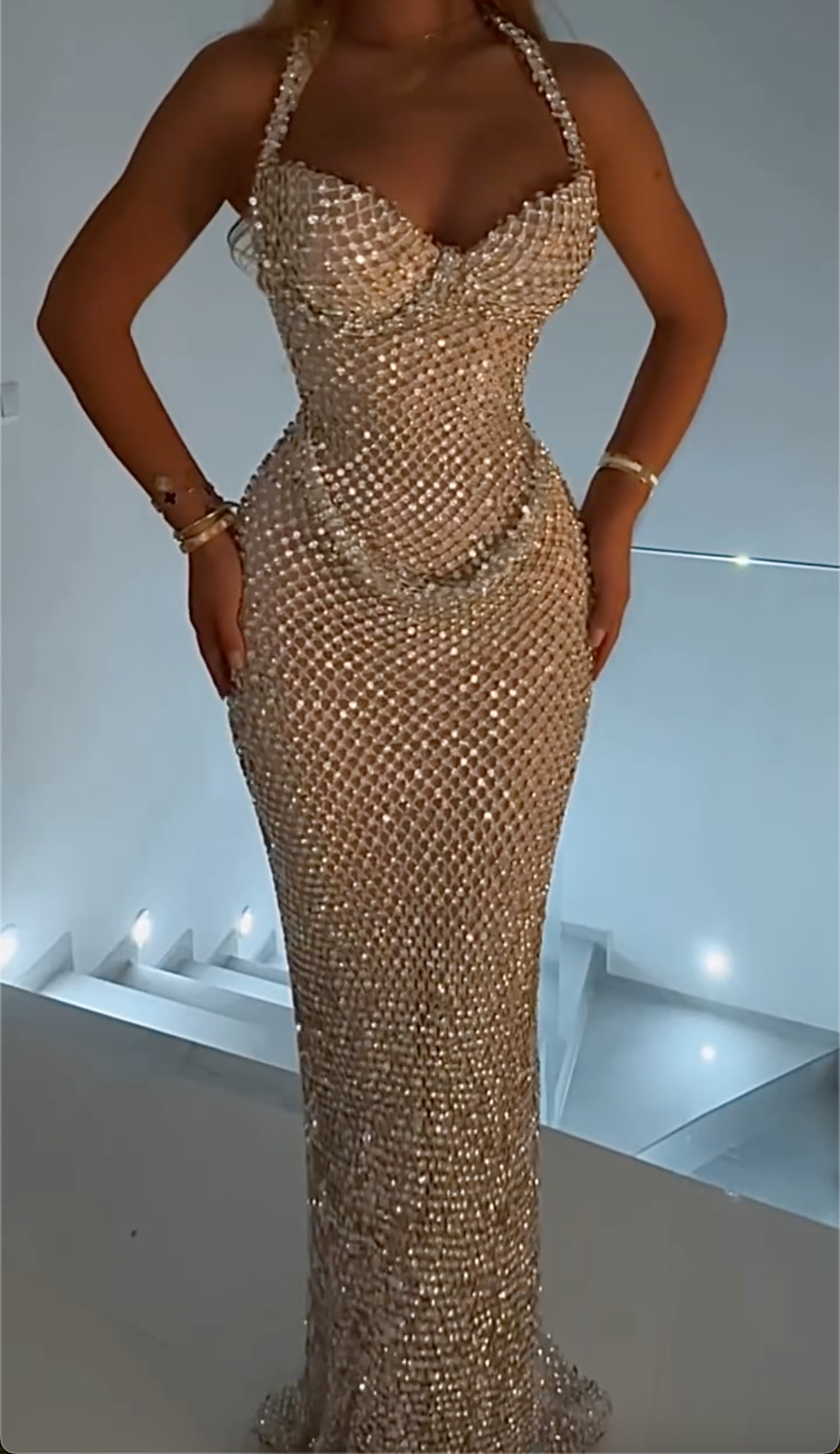 Champagne Gold Rhinestone Halter Neck Maxi Dress with Sheer Mesh & Mermaid Silhouette