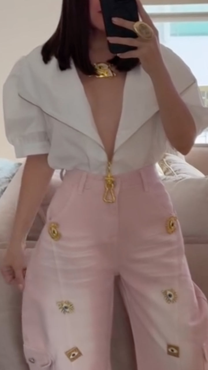 Puff Sleeve Top /Pink Eyelet Culottes