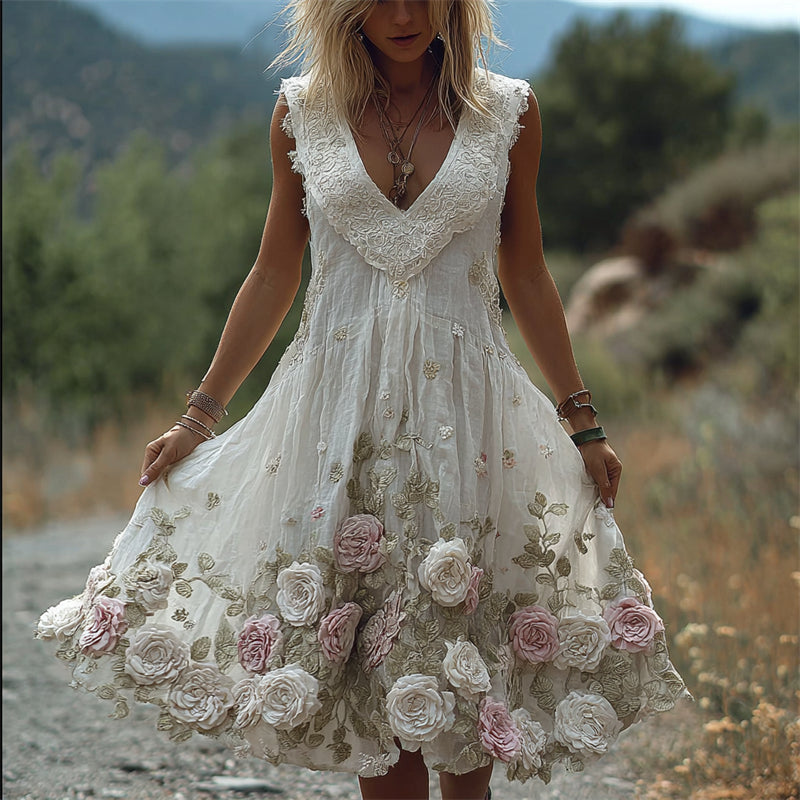 Vintage Boho Pink & White Roses Lace Flowy Linen Dress