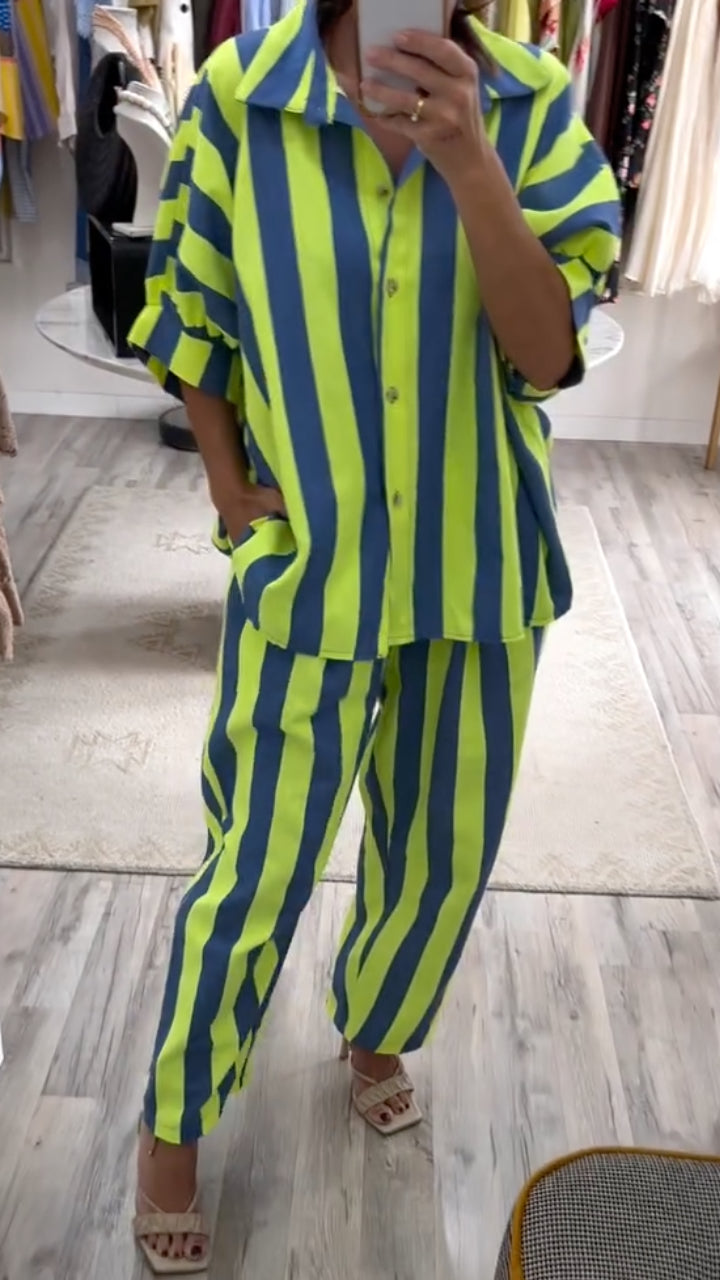 Women's Striped Print Casual Suit With Lapel