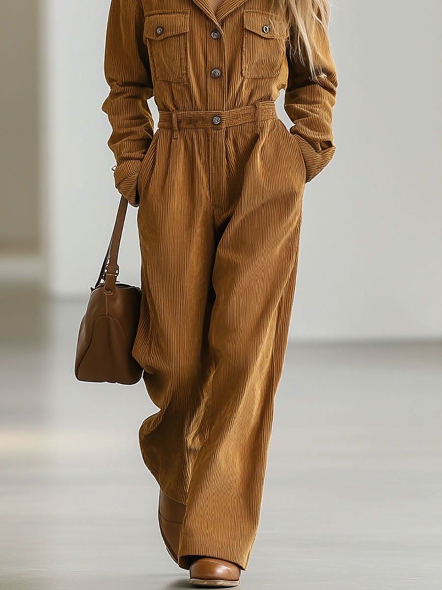 [24-hour shipping out]Casual Loose Retro Corduroy Multi-Pocket Long Sleeve Jumpsuit